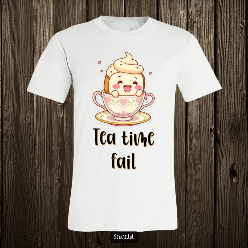 Funny smiling scone character depicted mid-fall from a teacup on a playful t-shirt.