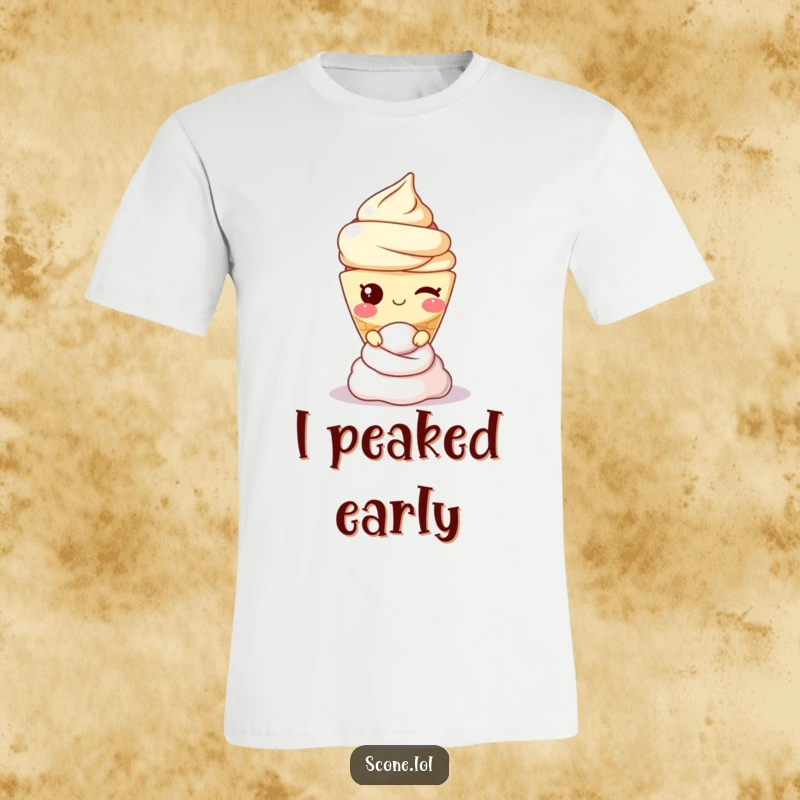 Funny scone character winking with a dollop of cream perched precariously on its head, designed for a fun, casual look.