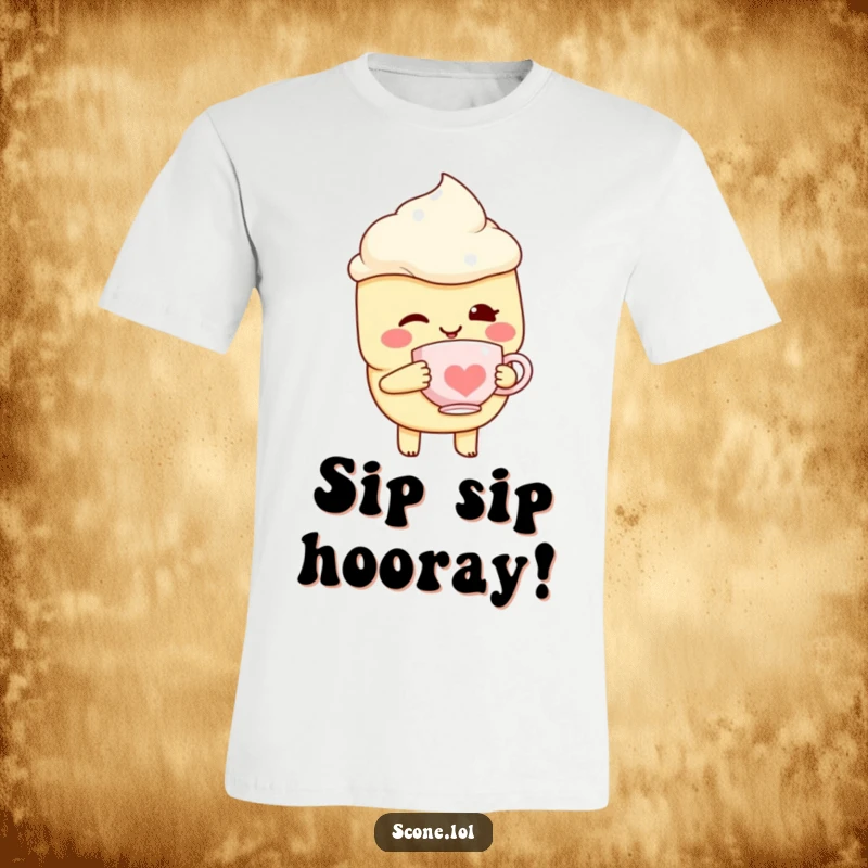 Funny Scone Character T-Shirt, winking with a tiny teacup, a delightful and humorous fashion statement.