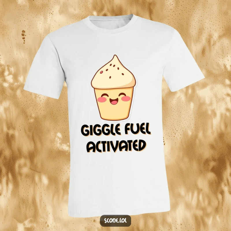 Funny Scone Laugh T-Shirt: A plump scone with rosy cheeks is shown mid-giggle, full of sweet merriment. Perfect funny gift.