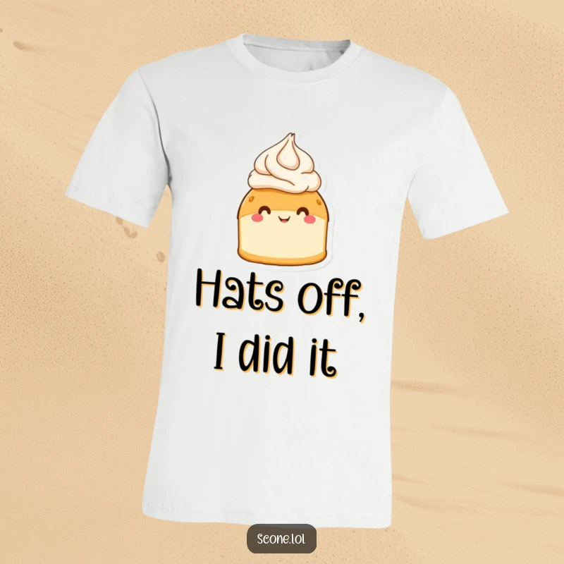 Funny scone adorned with a dollop of cream as a hat, depicted on a t-shirt, radiating pure happiness.