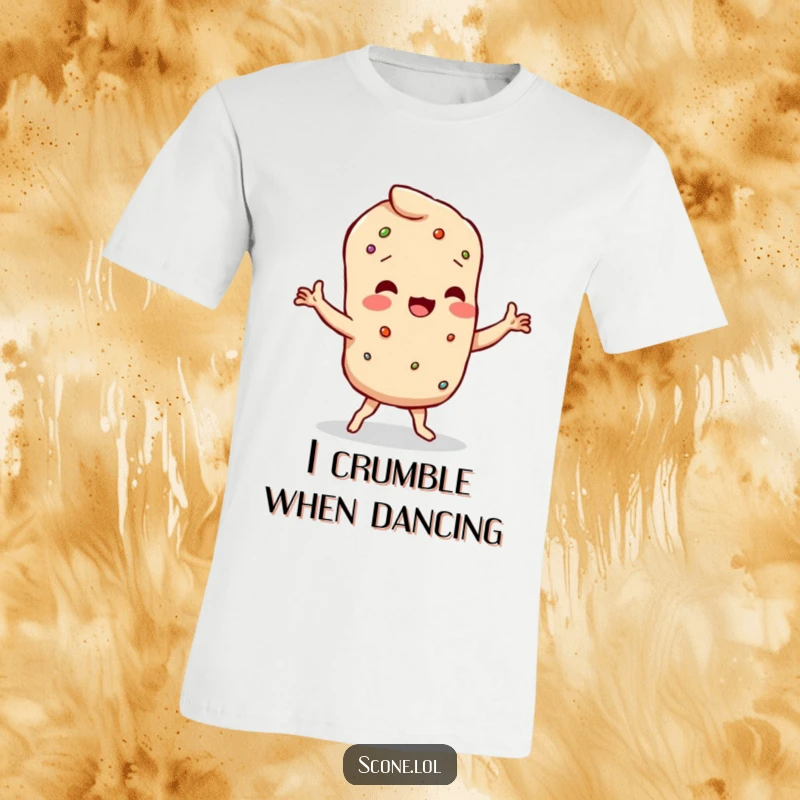 Funny scone character performing a wobbly dance with its crumbly limbs, featured on a funny t-shirt.