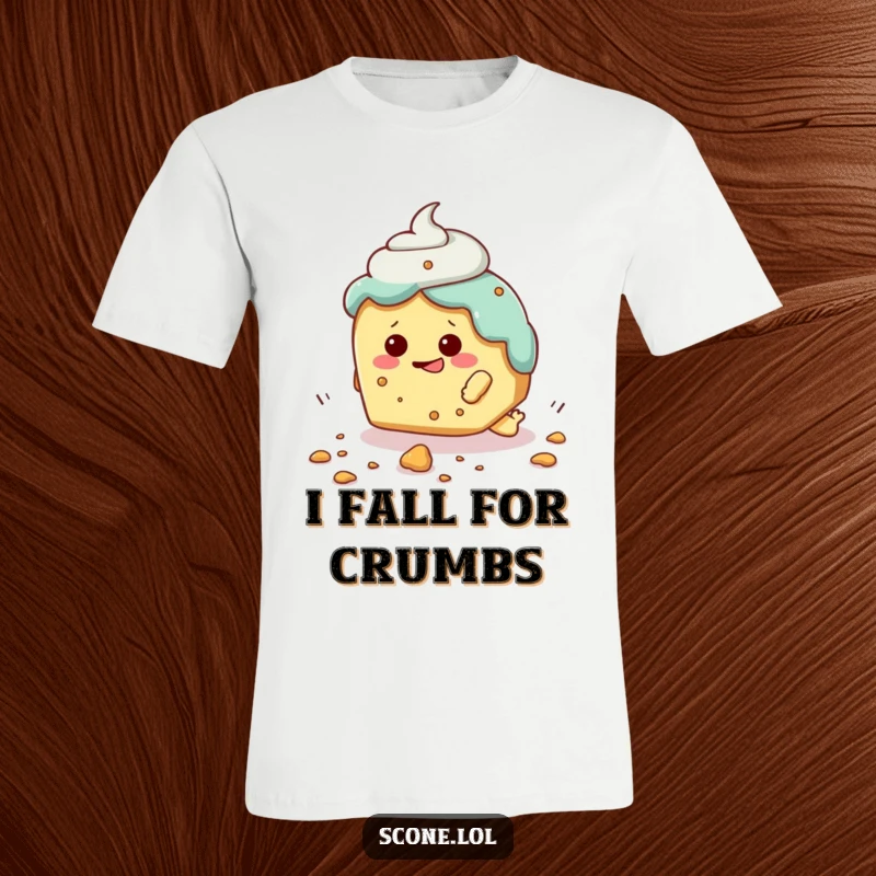 Funny t-shirt depicting a scone character comically tripping over a small crumb, highlighting relatable clumsiness.