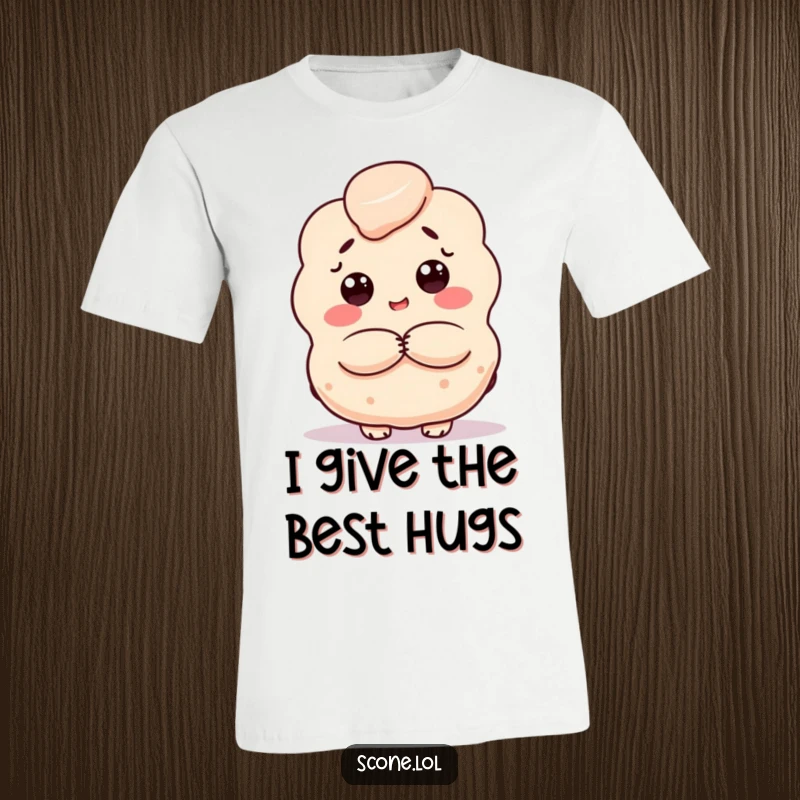 Funny scone t-shirt, a baked good character offering a warm and friendly hug, perfect for spreading cheer.