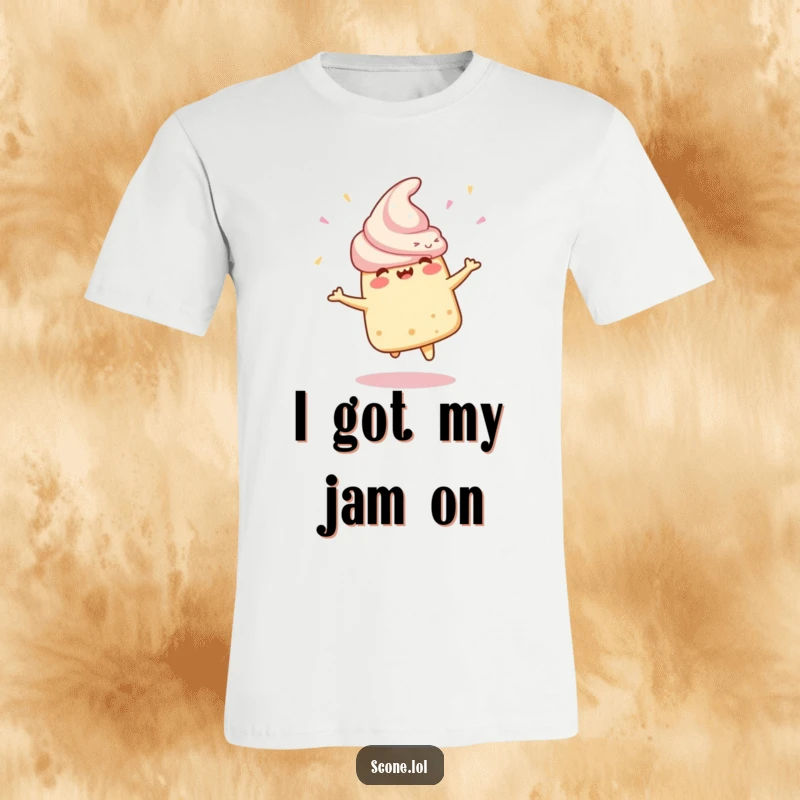 Funny T-Shirt depicting a scone character in a dynamic celebratory spin, radiating pure joy and enthusiasm.