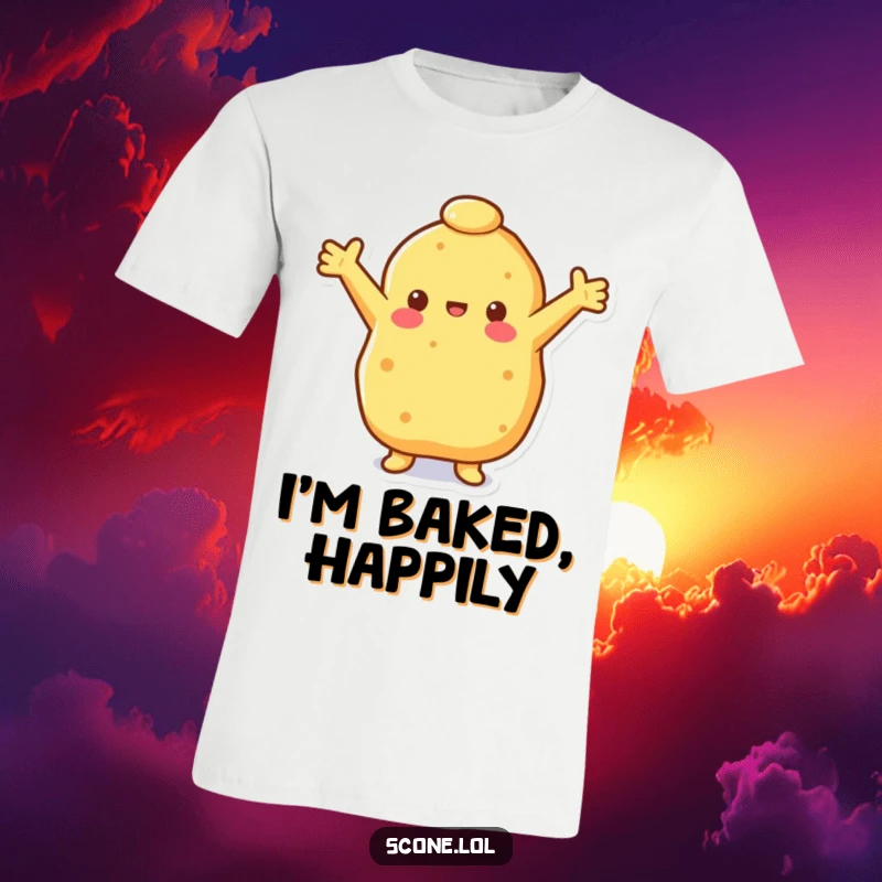 Funny happy scone t-shirt featuring a scone with outstretched arms, expressing pure joy and a welcoming, friendly demeanor.