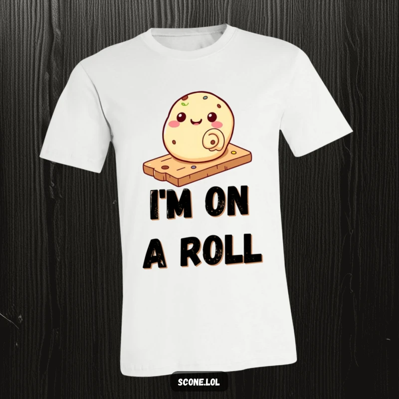 Funny t-shirt showing a scone merrily rolling down a pastry board, capturing a moment of pure baking joy.