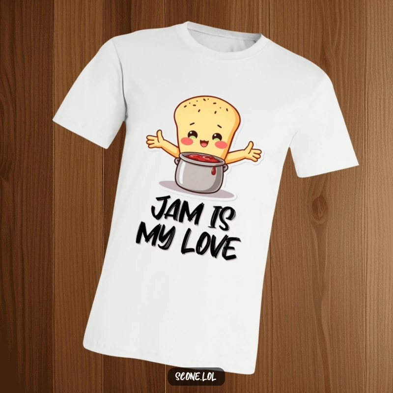 Funny T-Shirt: A scone character with outstretched arms lovingly embraces a pot of jam, highlighting a passion for sweetness.