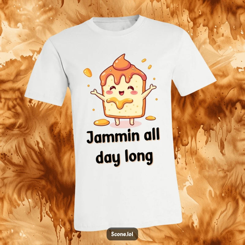 Funny Scone Jam Dance T-Shirt: A scone animatedly dancing, jam spreading around it in a celebratory mess.