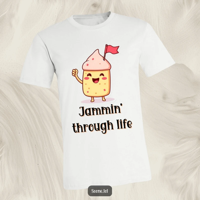 Funny Scone Character T-Shirt, gleefully waving a miniature jam jar flag, a symbol of sweet victory and fun.