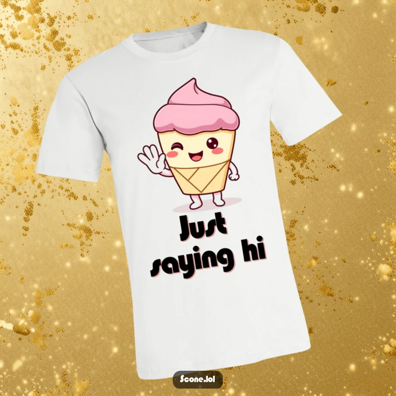 Funny T-Shirt featuring a scone character extending a polite wave with its pastry hand, conveying warmth and friendly greetings.