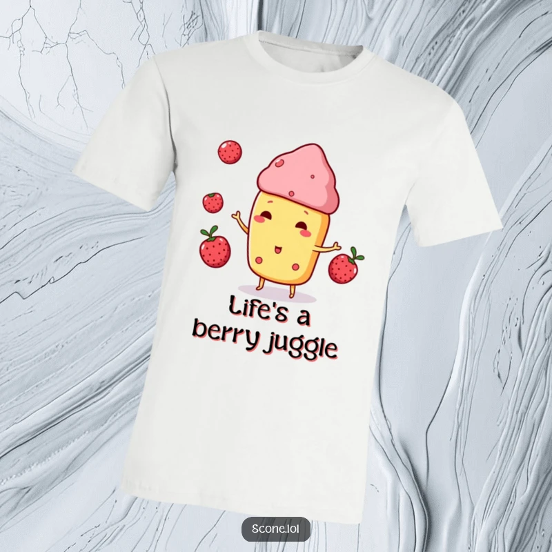 Funny Scone Character T-Shirt, skillfully juggling three tiny berries, a testament to its playful and sweet personality.