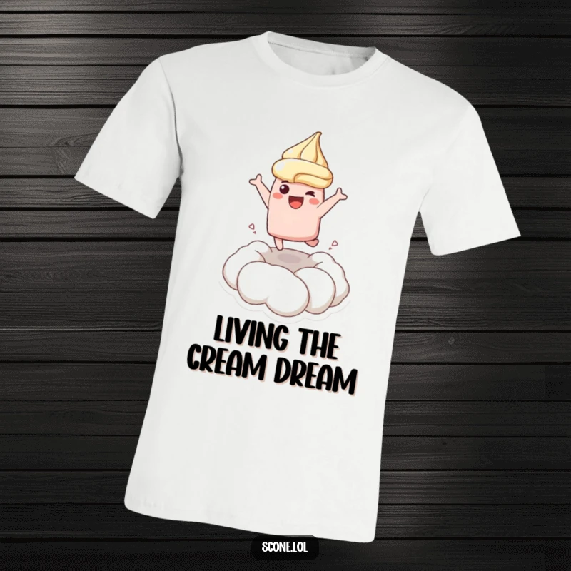 Funny t-shirt design of a scone character enthusiastically leaping into a generous dollop of whipped cream, embodying sheer delight.