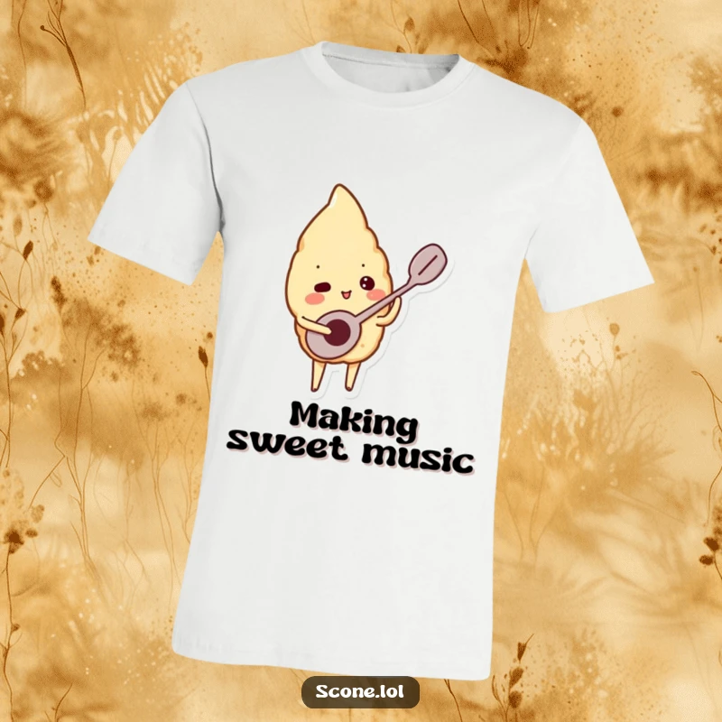 Funny t-shirt design of a scone character playing a miniature spoon as if it were a musical instrument, radiating playful energy.