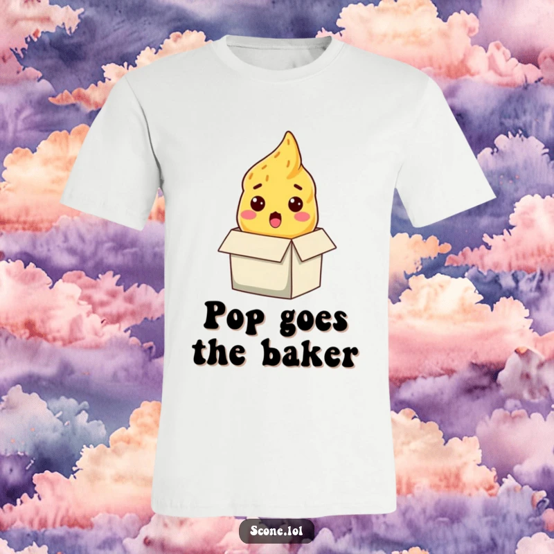Funny scone t-shirt, a baked good with wide eyes peeking out of a box, conveying a comical look of surprise.