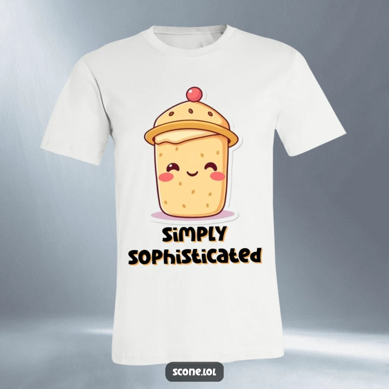 Smiling scone character wearing a miniature tea hat, exuding charm on this funny and stylish t-shirt.