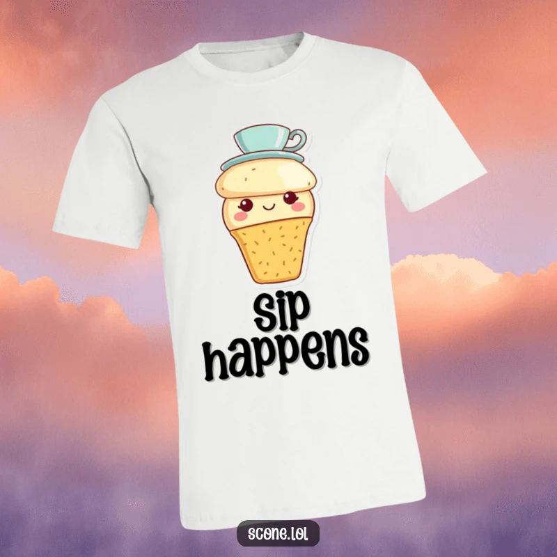 Funny scone with a tiny teacup hat smiling on a comfortable t-shirt, radiating warmth and charm.