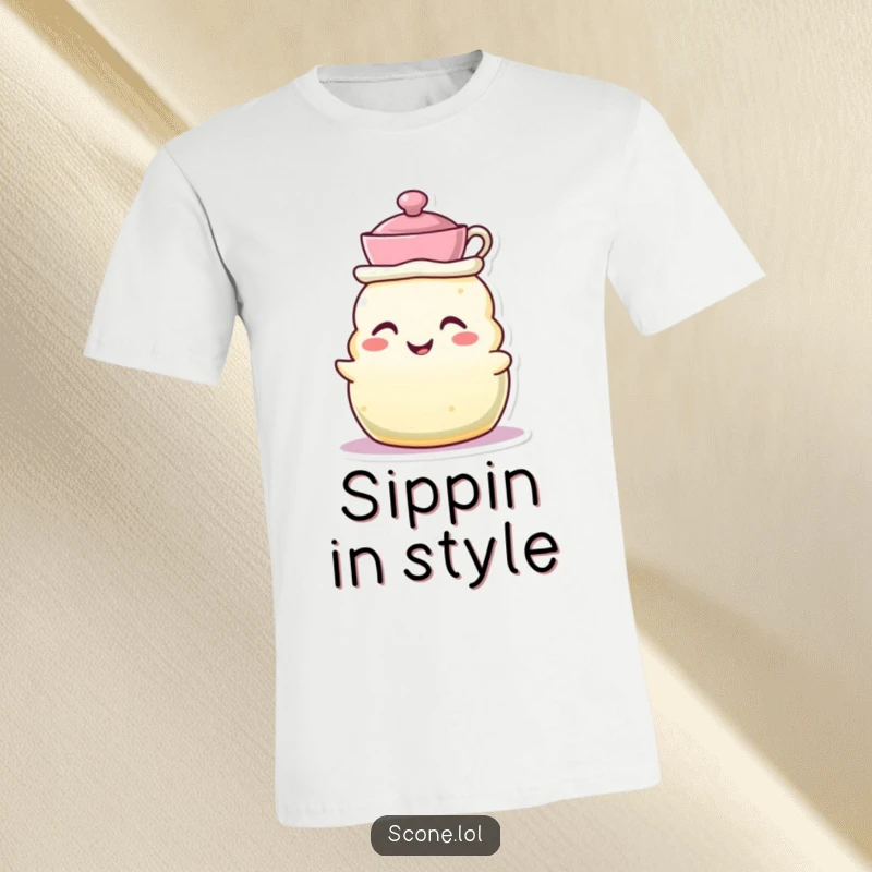 Funny t-shirt featuring a scone character wearing a tiny teacup as a hat, grinning with adorable tea-themed flair.