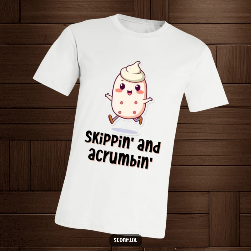 Funny scone character t-shirt featuring a happy scone in mid-jaunty skip, radiating pure, baked joy.