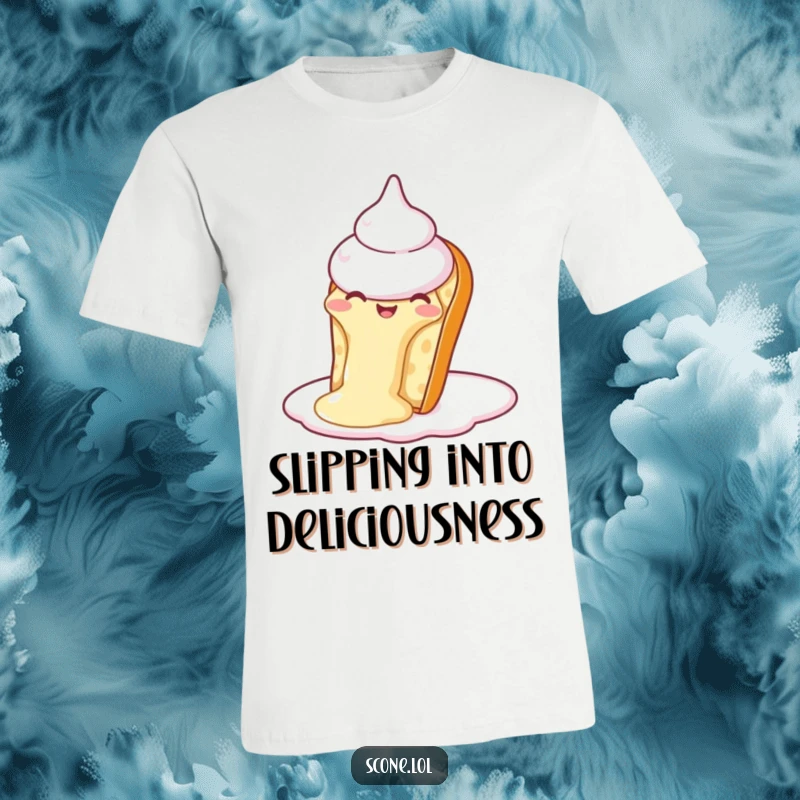 Funny Scone Cream Slide T-Shirt: A scone in motion, joyfully descending a fluffy cloud of cream.