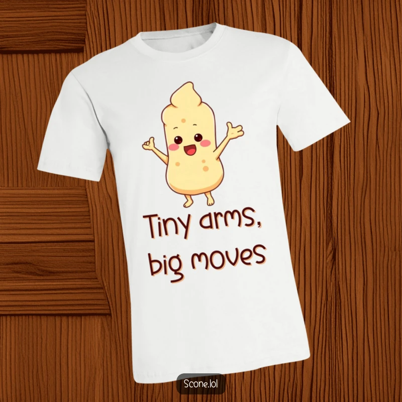 Funny t-shirt showing a charming scone character with small arms stretched wide, performing a joyful, silly dance. Hilarious food art.