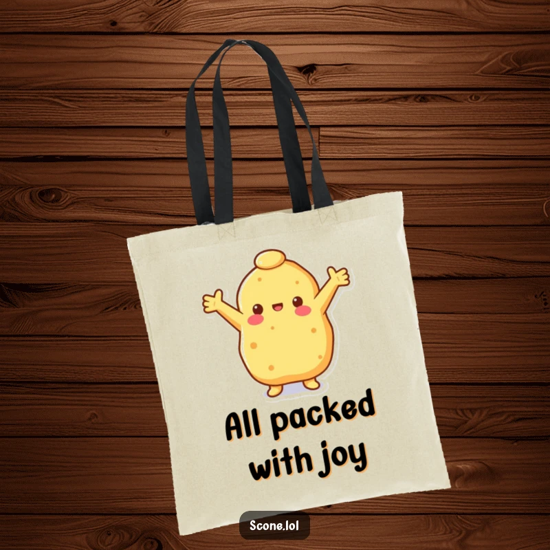 Funny happy scone tote bag with a scone reaching out with open arms, perfect for carrying items with a cheerful, welcoming feel.