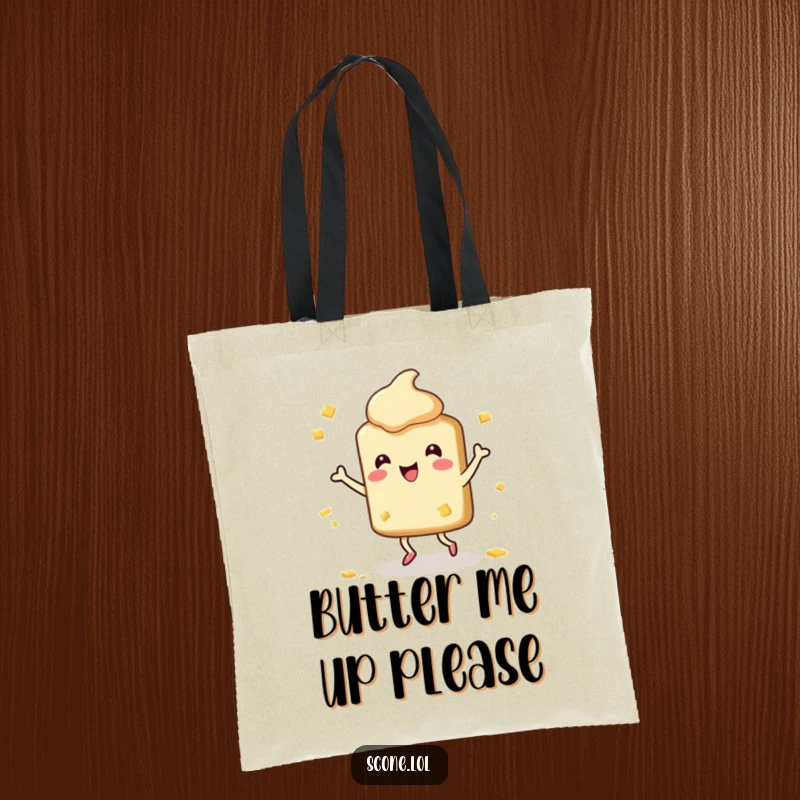 Funny Scone Tote Bag: Featuring a happy scone character dancing with butter splatters, perfect for carrying smiles humorously.