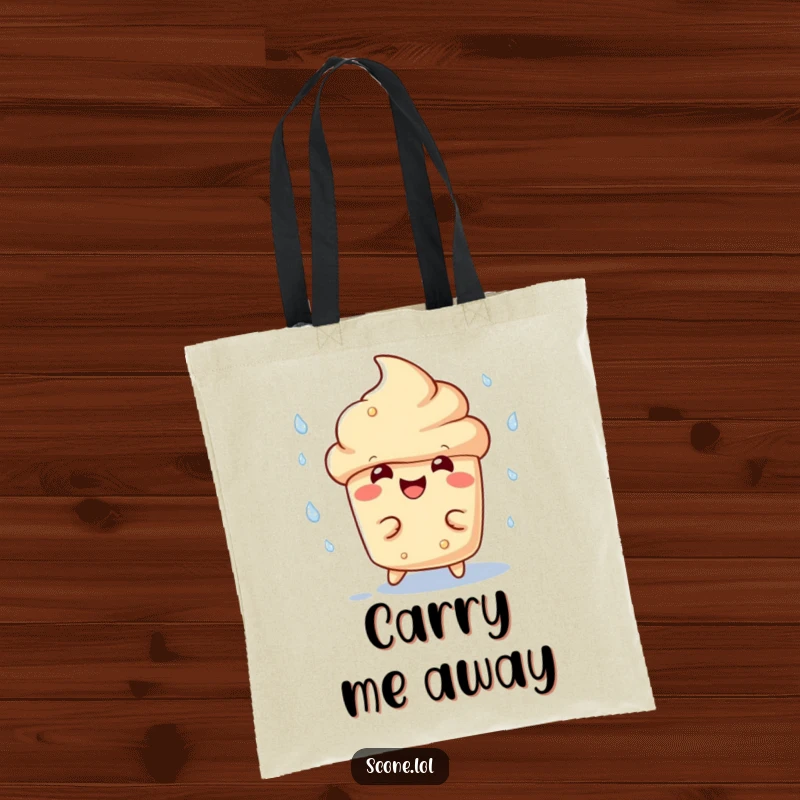 Funny scone character tote bag, with a wide, amused grin, playfully dodging falling raindrops, showcasing resilience and joy.