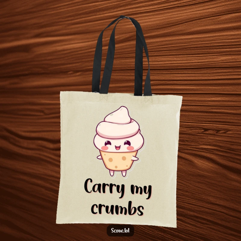 Funny scone tote bag with a cheerful scone character doing a playful bounce, great for everyday joy.