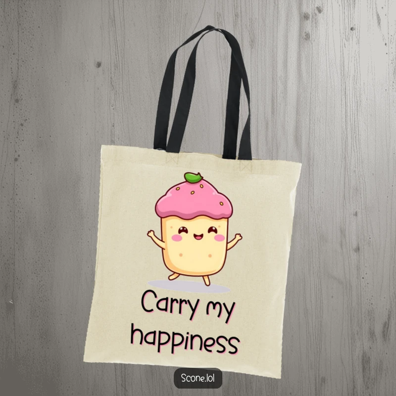 Funny tote bag featuring a smiling scone character in a happy bounce, perfect for carrying essentials with cheer.
