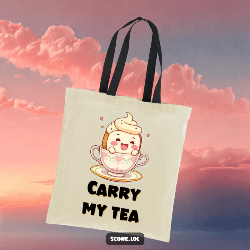 Funny smiling scone character hilariously falling off a teacup on a versatile tote bag.