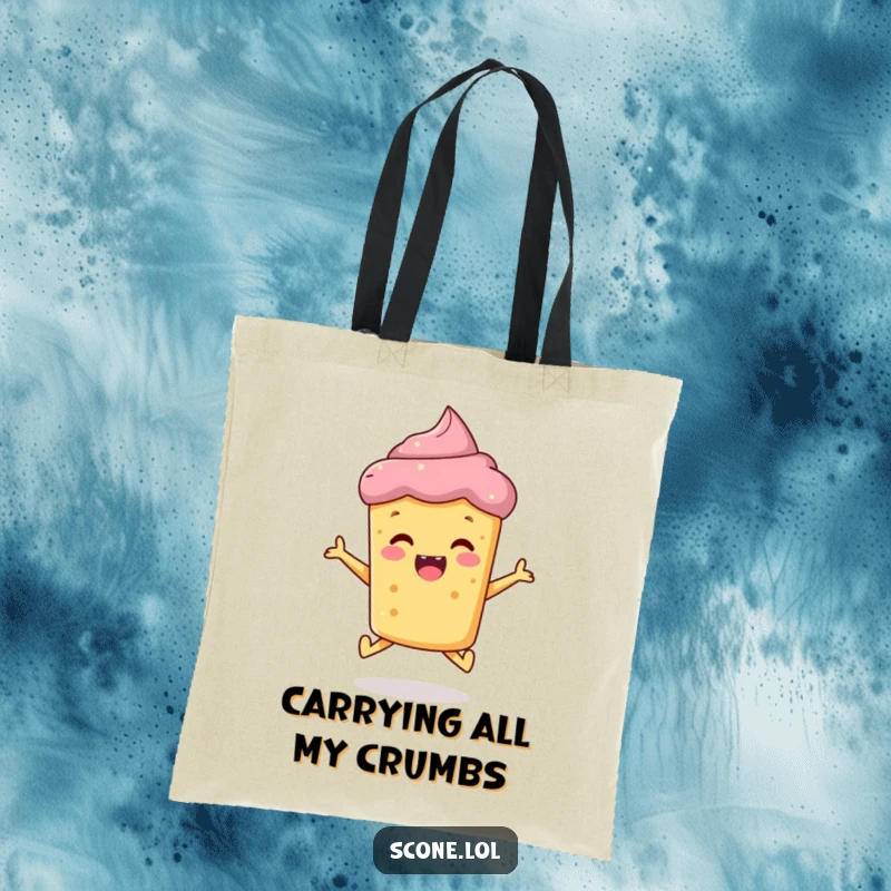 Funny scone tote bag, a happy baked good in mid-jump, perfect for carrying essentials with a humorous touch.