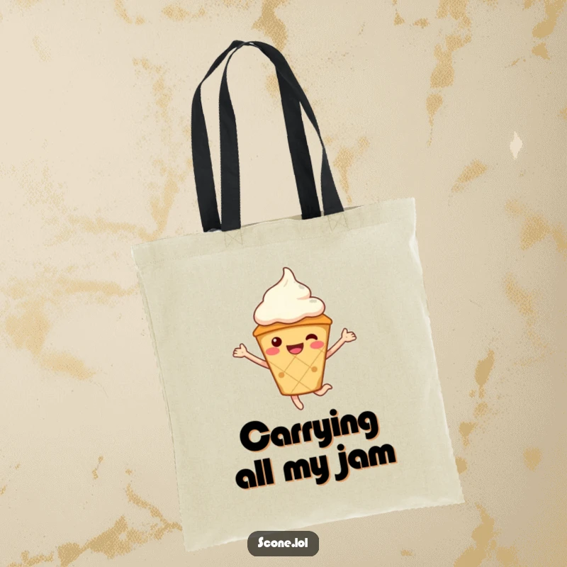 Funny Scone Character Tote Bag, wearing a cream hat, mid-leap, a cheerful and practical accessory.