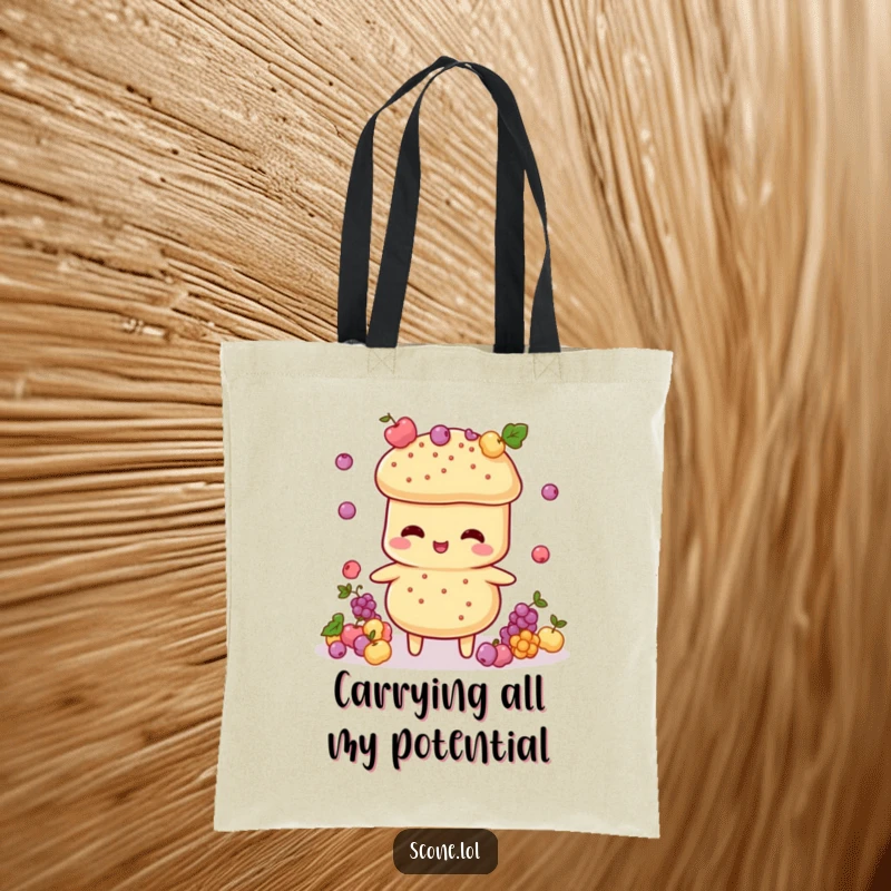 Funny Scone Juggler Tote Bag: A durable tote showcasing a scone character skillfully juggling small currant decorations.