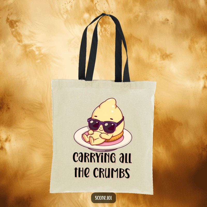 Funny scone character in tiny sunglasses relaxing on a plate, a humorous tote bag perfect for carrying goods with baked good flair.