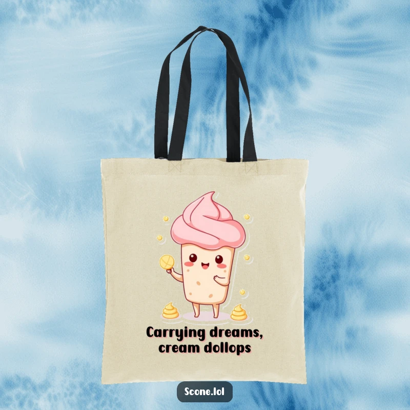 Funny tote bag featuring a scone character juggling cream dollops, ideal for shopping trips and adding humor to daily errands.