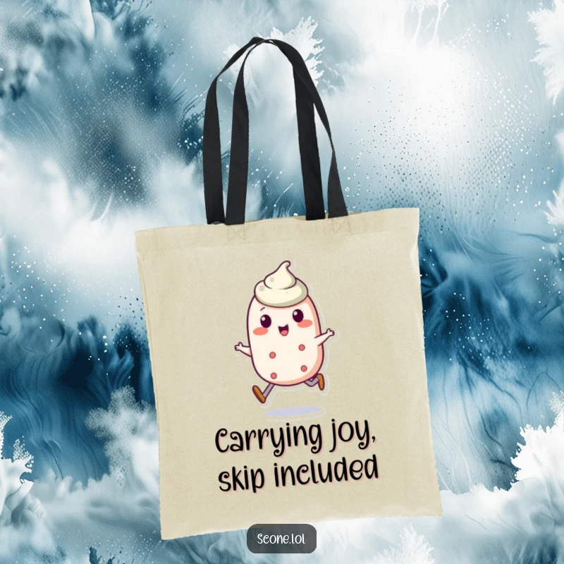 Funny scone character tote bag featuring a scone happily doing a jaunty skip, ready for adventure.