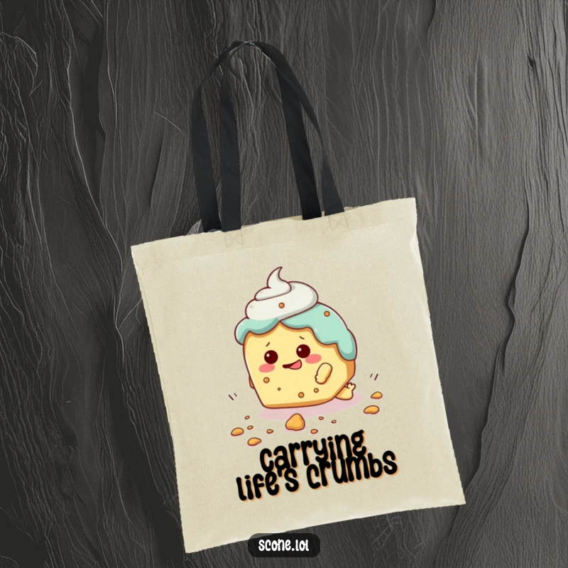 Funny tote bag showcasing a scone character hilariously tripping over a crumb, perfect for carrying essentials with humor.