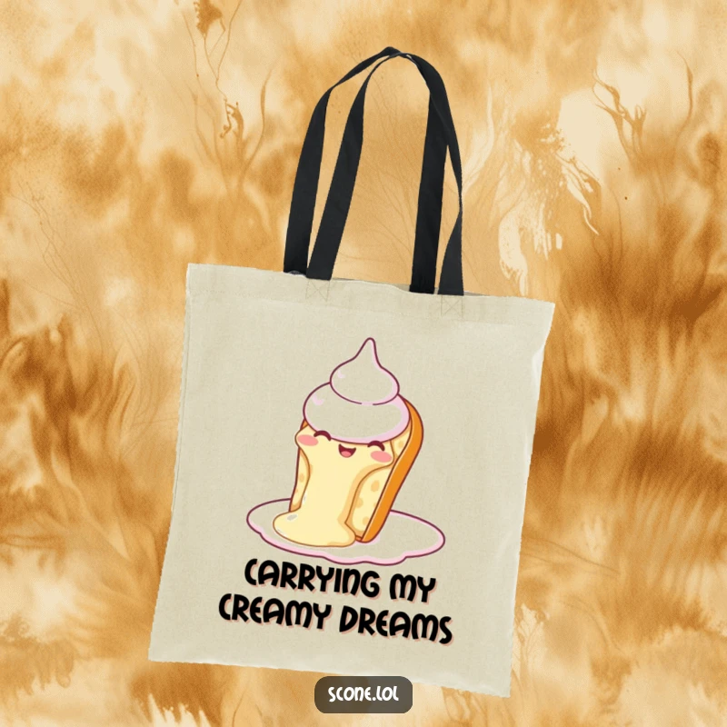 Funny Scone Cream Slide Tote Bag: A tote bag with a scone sliding down cream, perfect for carrying treats and humor.