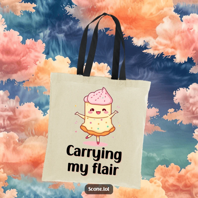Funny tote bag showing a scone doing a whimsical pirouette with jam swirling, a cute and humorous accessory.