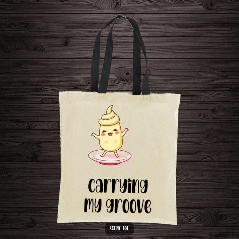 Funny scone character doing a silly jig on a saucer, printed on a durable and humorous tote bag.