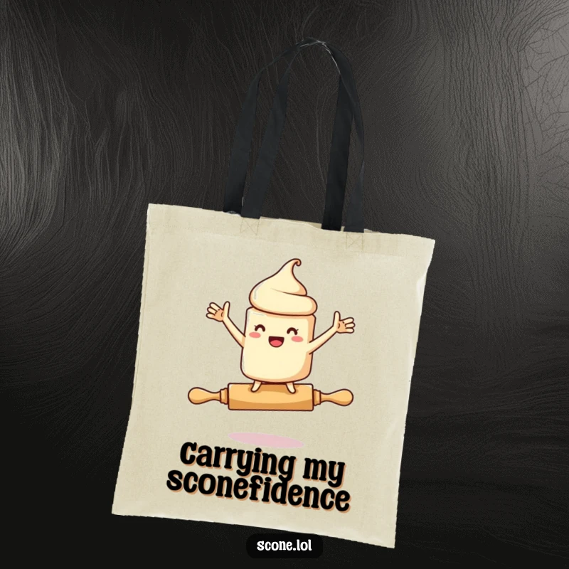 Funny tote bag illustrating a scone character teetering wildly on a rolling pin, arms flailing, perfect for adding humor to errands.