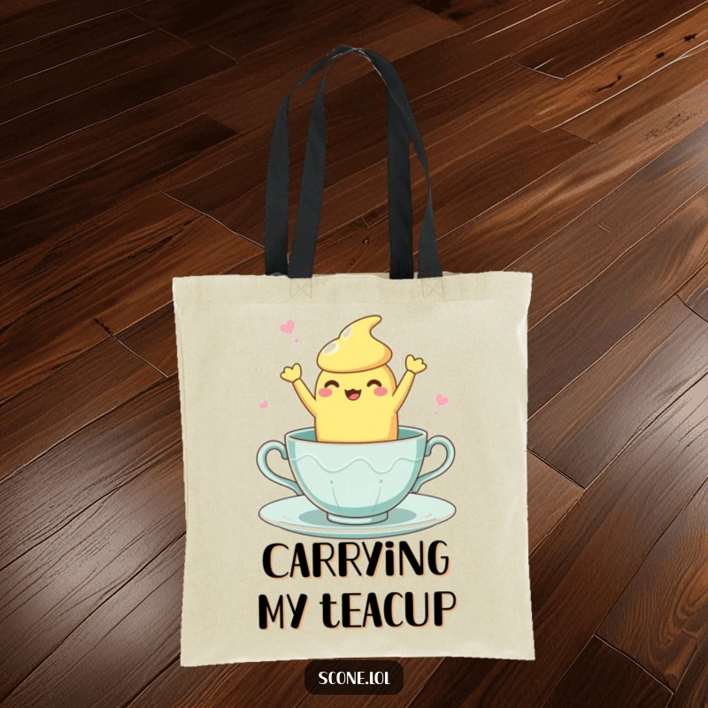 Funny Teacup Dance Scone Tote Bag: A sturdy tote showcasing a scone character doing a clumsy, fun dance inside a teacup.