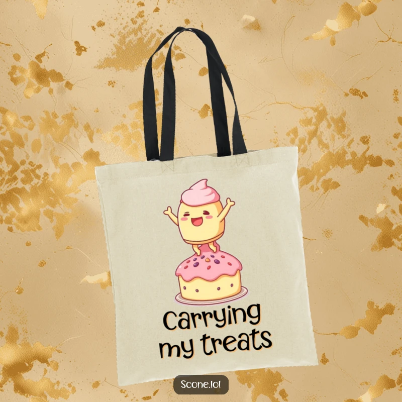 Funny tote bag featuring a scone character leaping joyfully onto a doll-sized teacake, perfect for carrying sweet essentials.