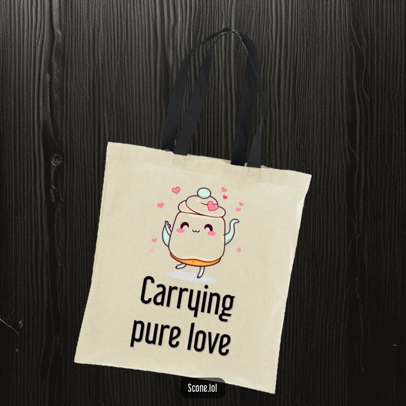 Funny scone tote bag, showing a scone with heart eyes dancing with a swirling teapot, a charming and humorous accessory.