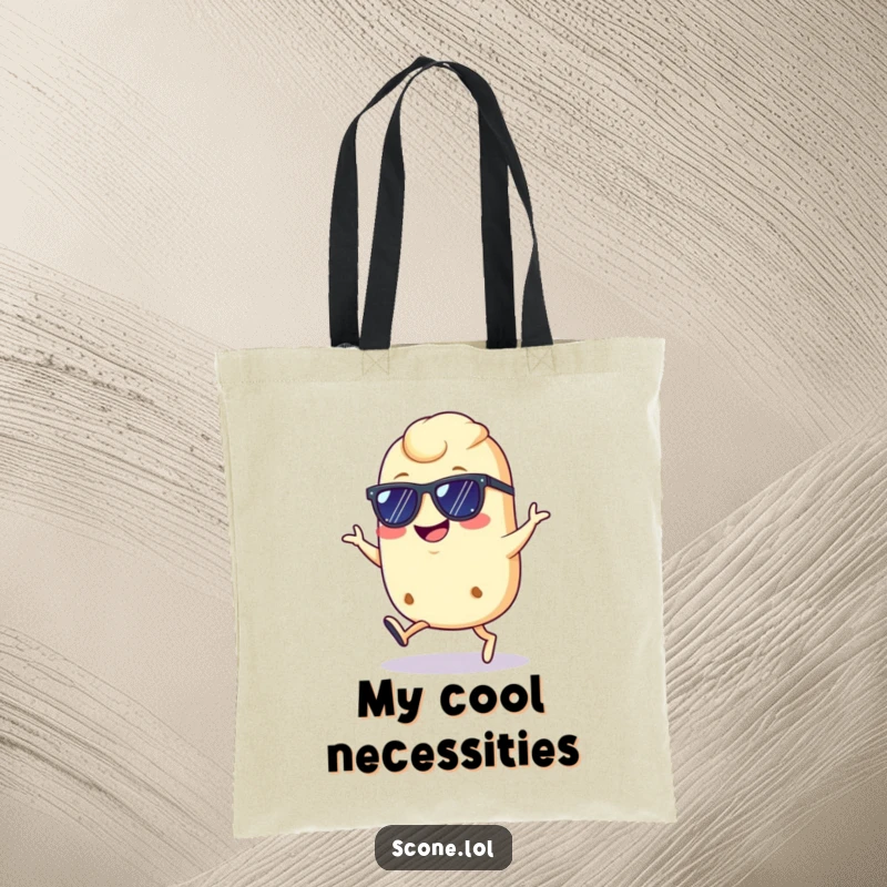 Funny cool scone tote bag, showing a scone with sunglasses doing a confident hop with a grin, a stylish and humorous accessory.