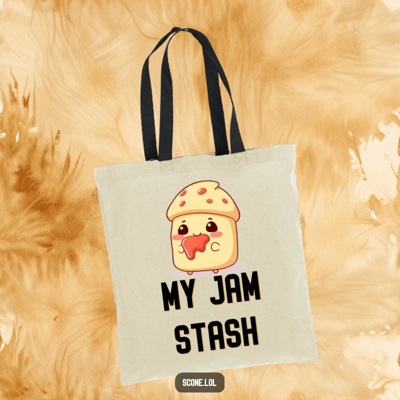Funny tote bag featuring a scone character with jam splattered on its face, looking pleased and embracing sweet indulgence.