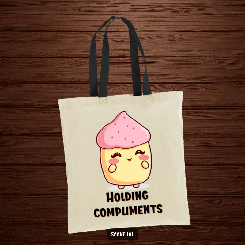 Funny tote bag showing a scone blushing sweetly while accepting a compliment, perfect for carrying treats.