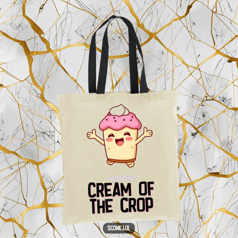 Funny scone character jumping with glee, holding cream, on a durable and humorous tote bag.