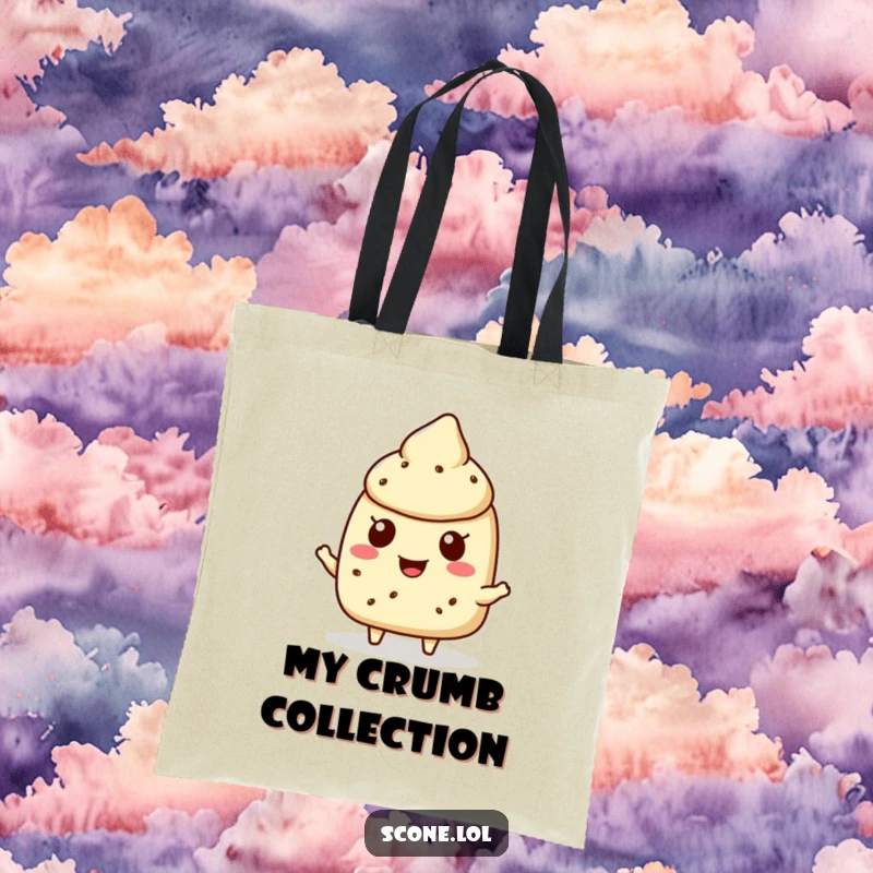 Funny scone character tote bag with a cheerful scone offering a crumb, ideal for carrying treasures and spreading smiles.